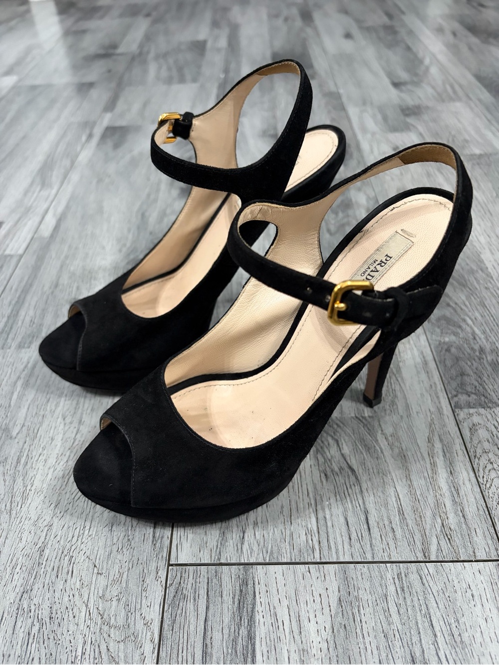 Prada Black Suede Peep-Toe Ankle-Strap Heels with Gold Buckle